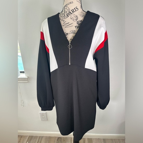 NWOT Zara Womens Color Block Shift Drees Long Sleeve Black Red White Size Small - Picture 2 of 8